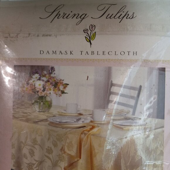 Spring Tulips Damask Tablecloth 60 X 144 Oblong Light Pink Polyester Vintage NEW - Picture 3 of 9